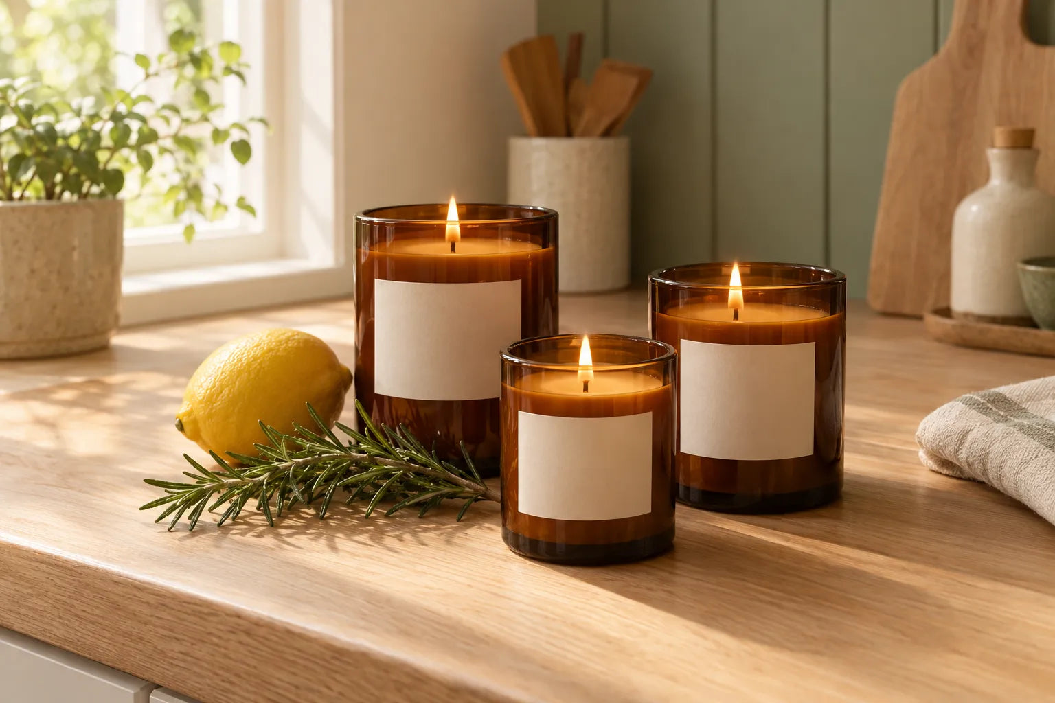 Candles on a wooden kitchen counter with lemon and rosemary