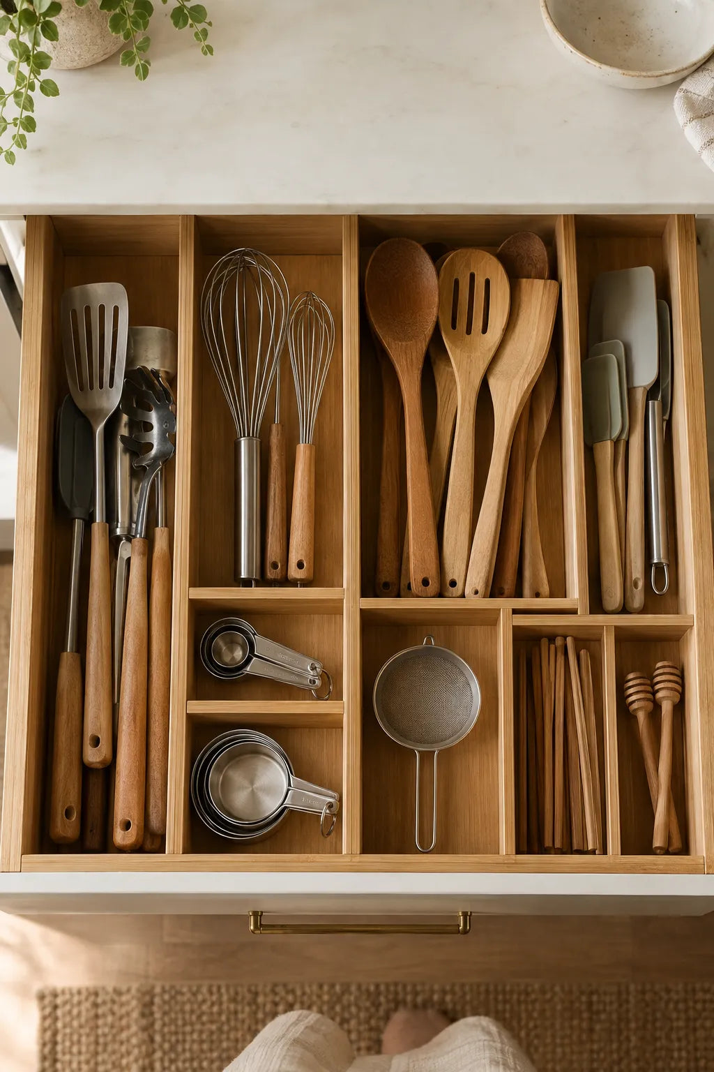A kitchen drawer neatly organized with bamboo dividers and utensils