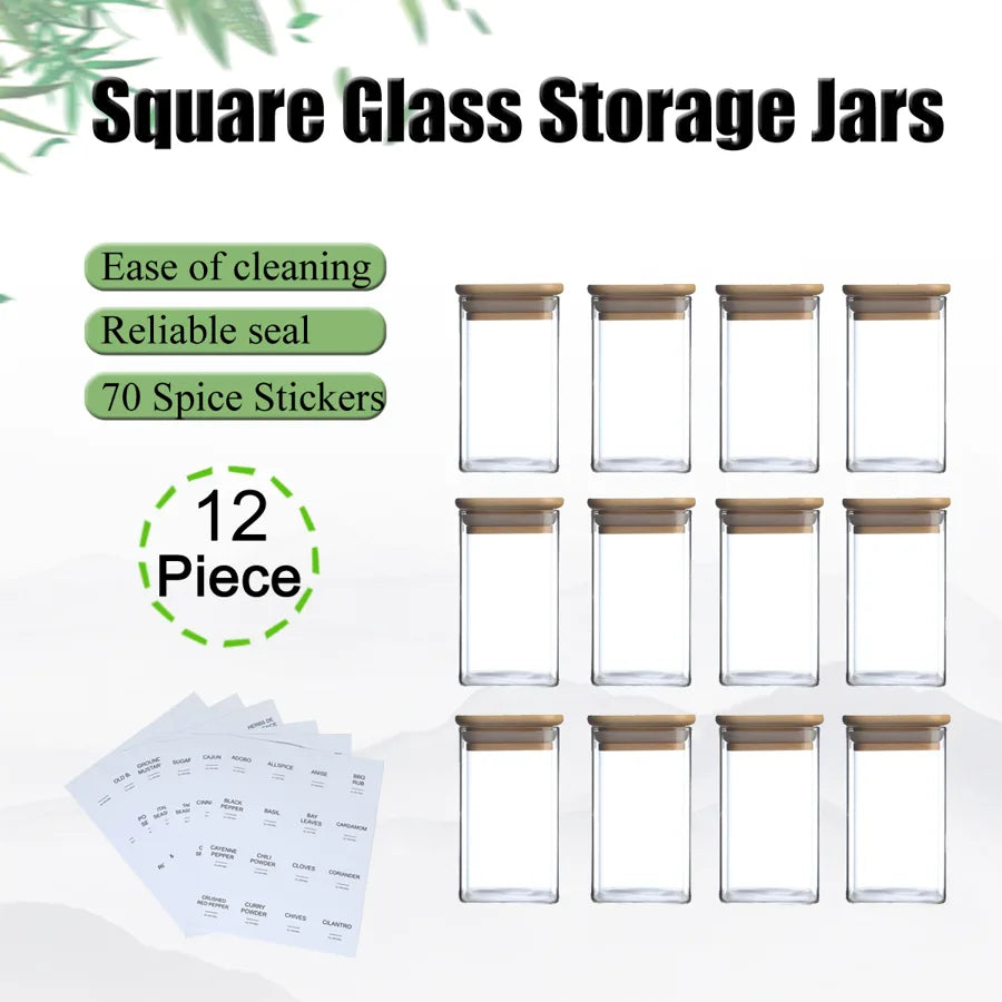 12-Piece Square Glass Spice Jar Set